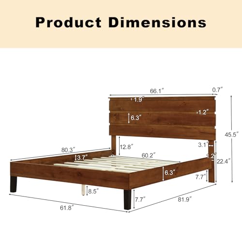 Solid Wood Bed Frame Queen Size Platform Bed with Headboard, Brown L841030