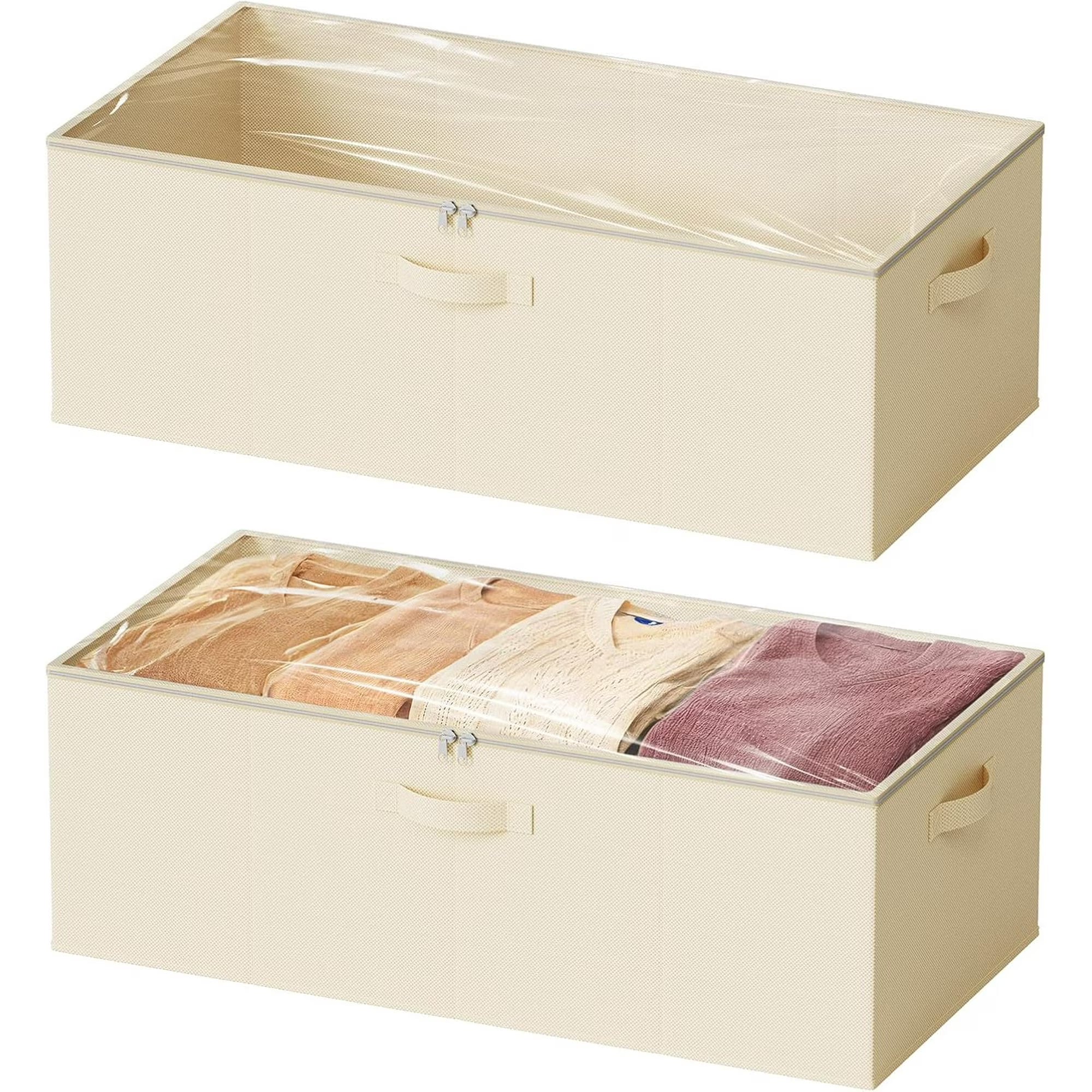 2 Pack 10 High Under Bed Storage Containers, Large Underbed Storage Organizer Bins with Lids for Bedroom, Dorm, Clothes, Closet Organization, Bed Sheets and Blankets (Beige)
