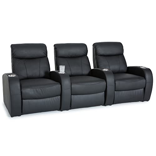 Seatcraft Rialto Home Theater Seating, Top Grain Leather, Living Room, Powered Recline, Black Cupholders, Row of 3, Black