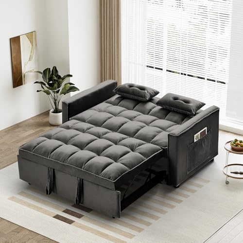 Convertible Sleeper Sofa with Pullout Bed, USB Port, Black Velvet O177