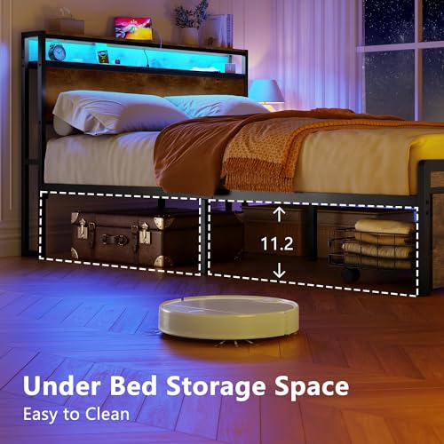 Vintage Brown Bed Frame with LED Light and Charging Station H930800