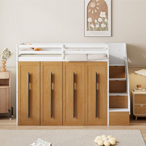 Twin Size Loft Bed with Two-Tone Stairs Storage and Full-Length Guardrails C8237