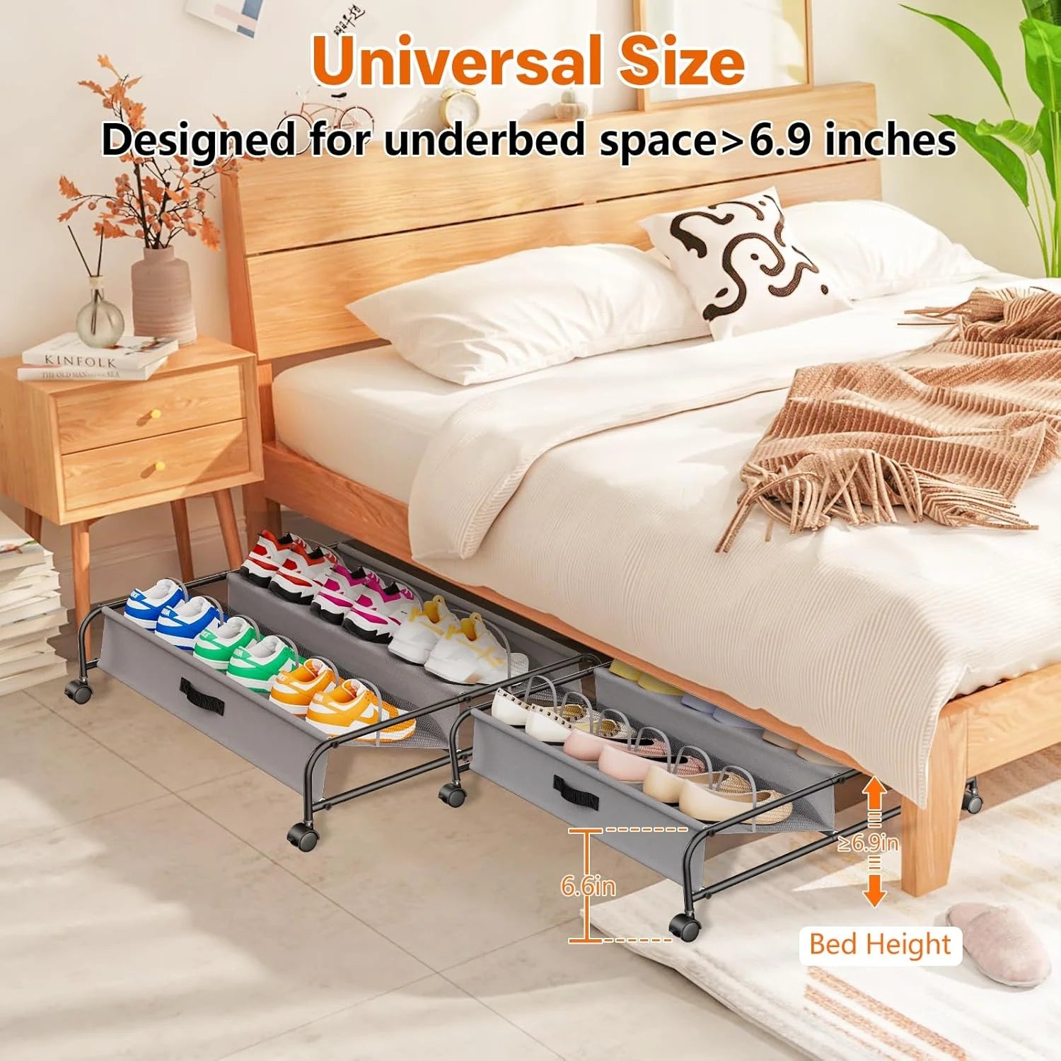 Rolling Under Bed Shoe Storage with Breathable Mesh Pockets, 2 Pack S158725