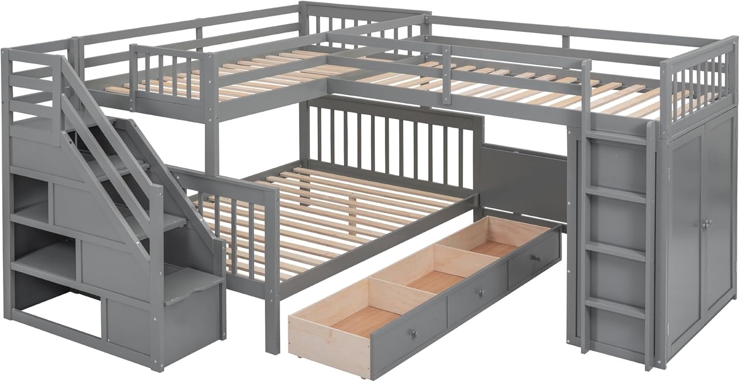 L-Shaped Bunk Bed with 3 Drawers Wardrobe and Desk G677