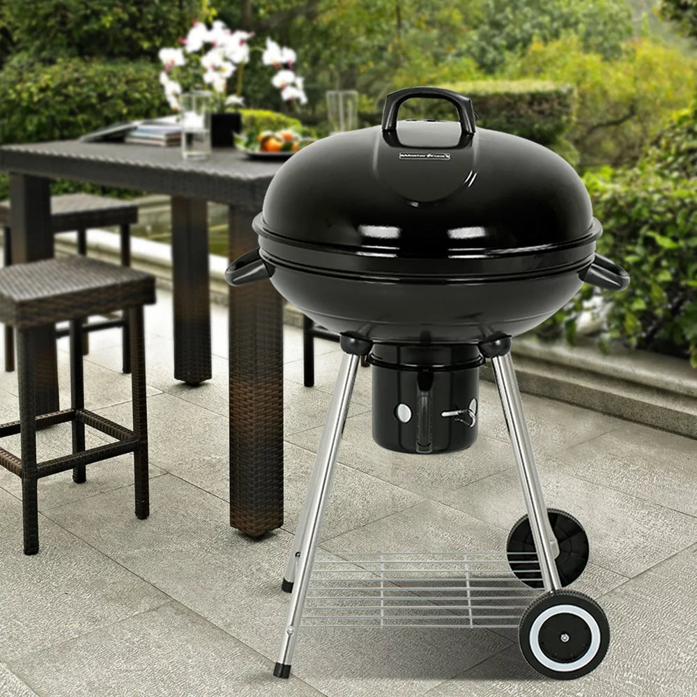 22" Round Portable Charcoal Kettle Grill with 2 Wheels, Black N78983