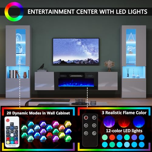 High Gloss TV Stand with Electric Fireplace and Glass Door Bookcases P6943