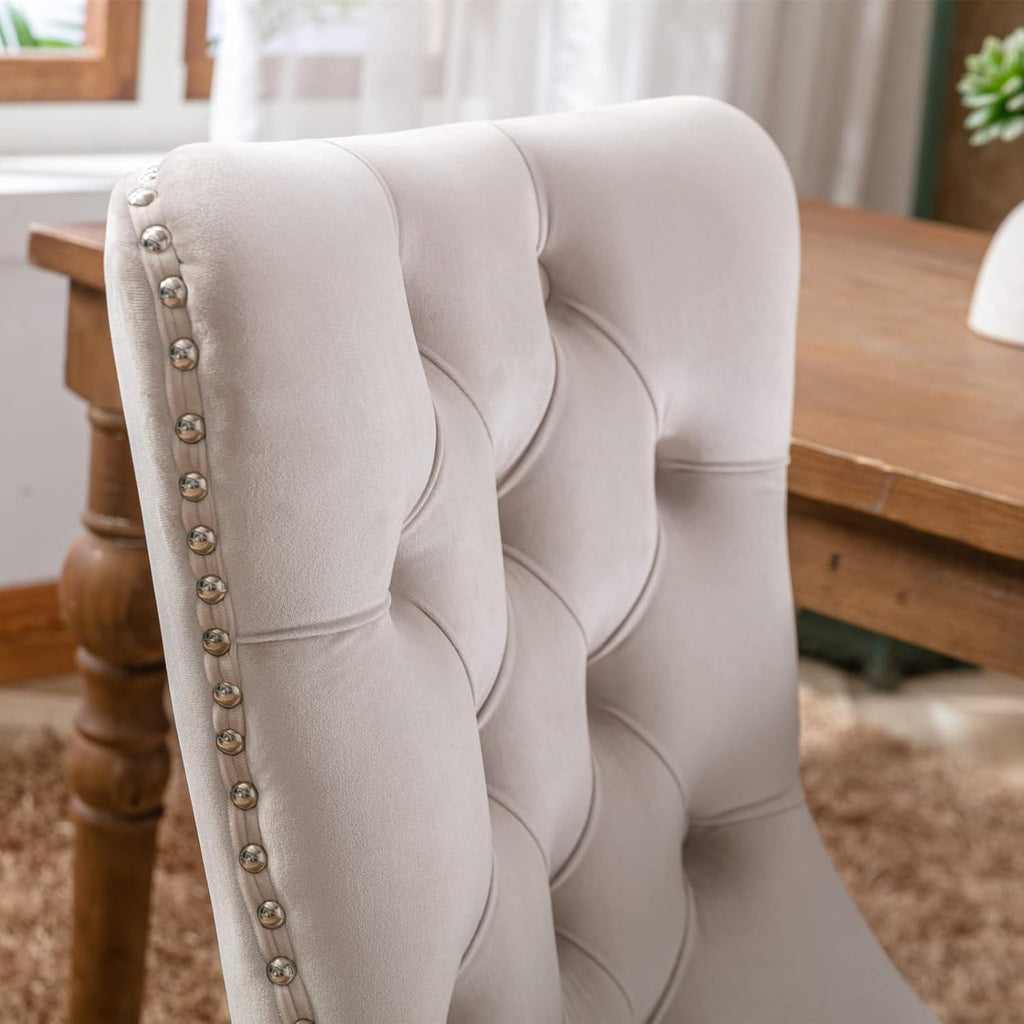Tufted Velvet Upholstered Dining Chair with Wood Legs, 2-Piece Set, Beige X389