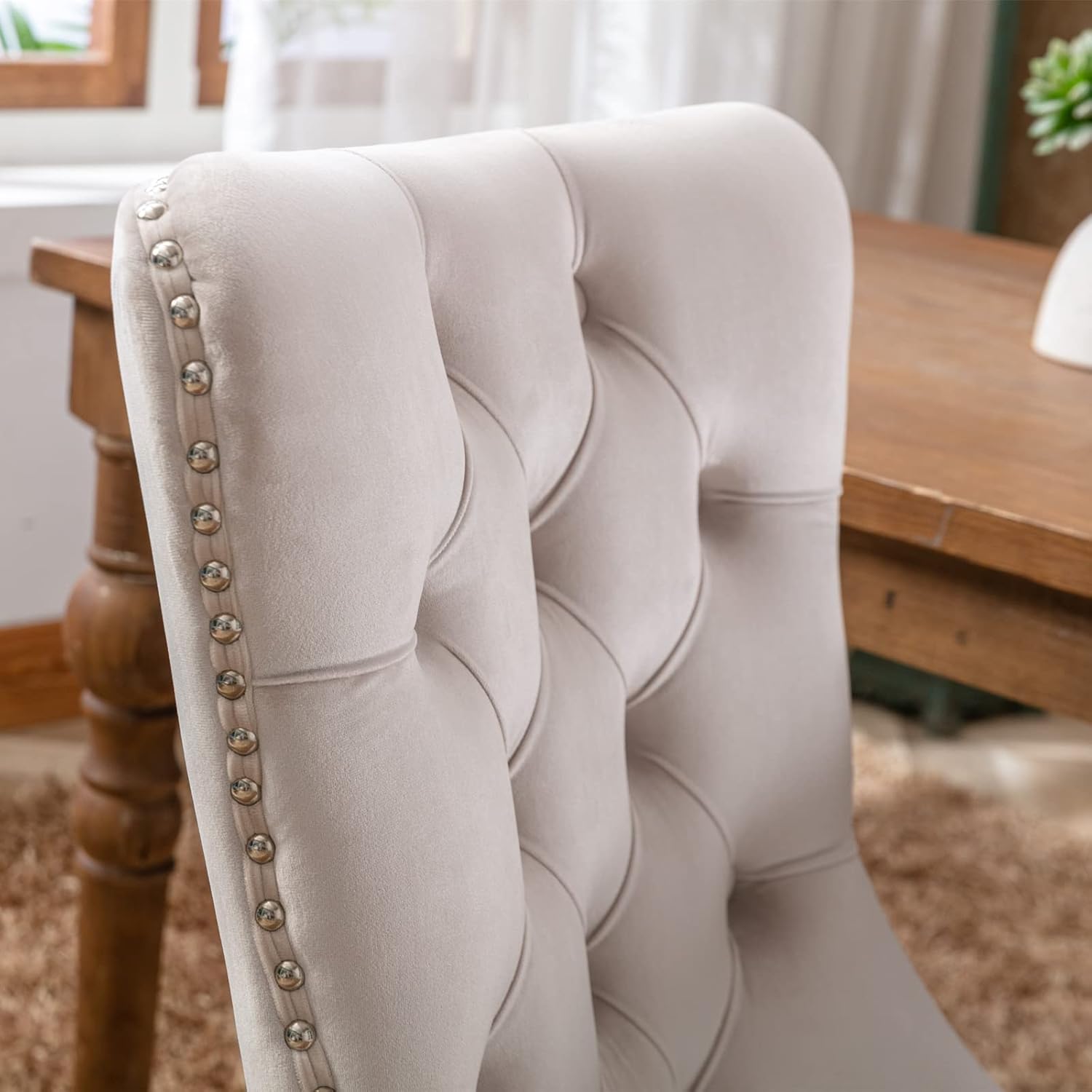 Tufted Velvet Upholstered Dining Chair with Wood Legs, 2-Piece Set, Beige X389