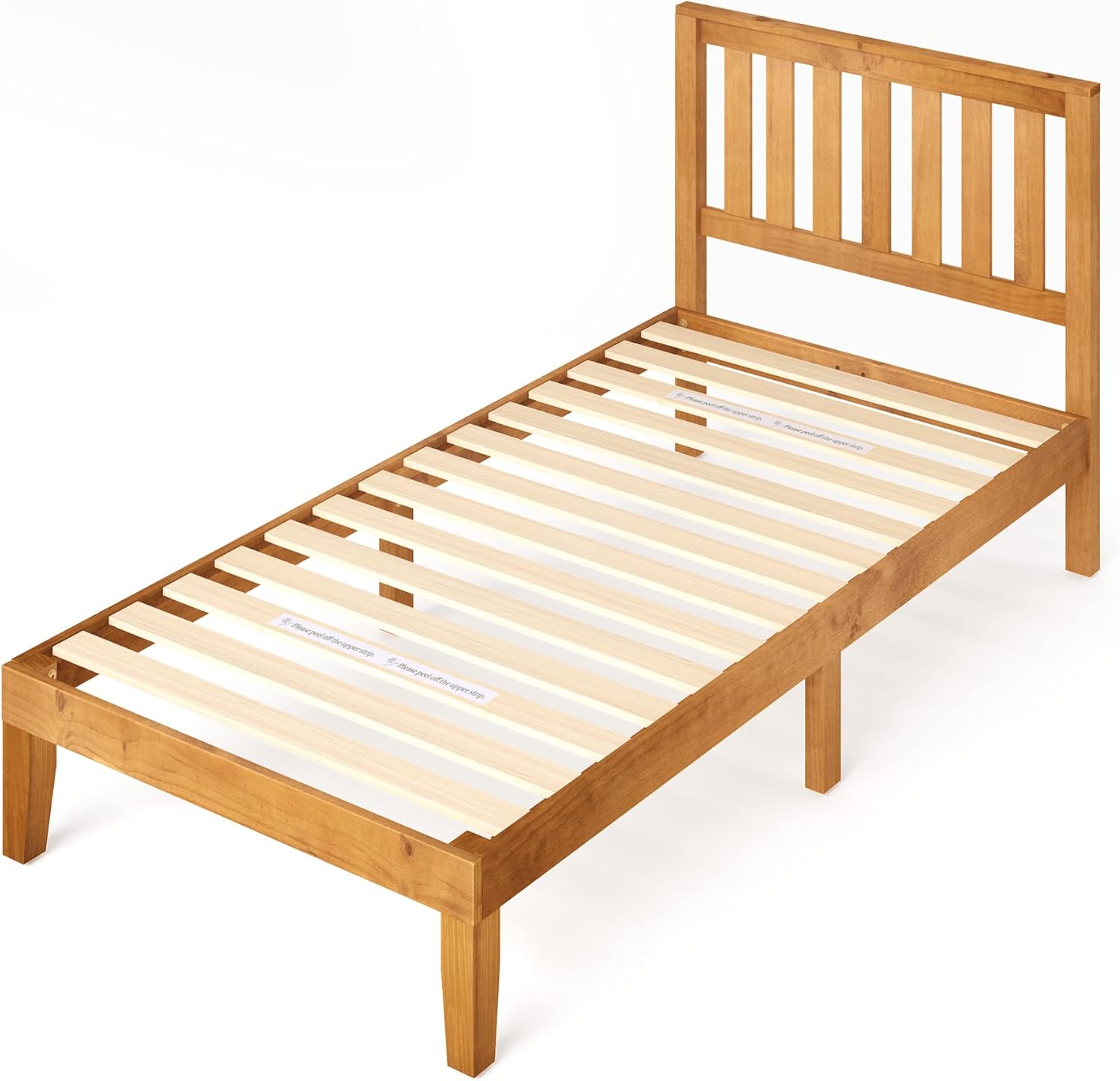Wood Platform Bed Frame with Headboard, Solid Wood Slat Support, Twin P422