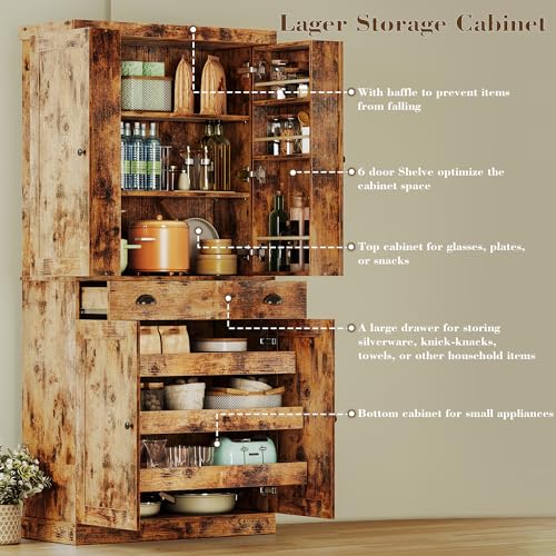 Kitchen Pantry Cabinet with Sliding Storage Rack and Hanging Shelves, 72" Tall Freestanding Cupboard E53271