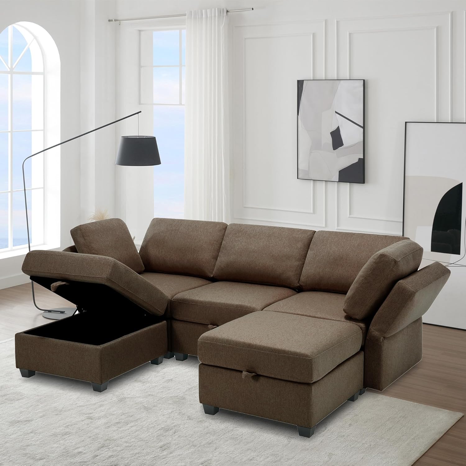 Modular Sectional Sofa with Chaise and Storage, Brown J380