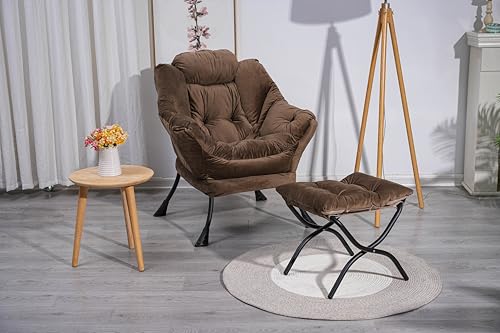 Modern Lazy Chair with Ottoman, Accent Contemporary Lounge Chair with Armrests and a Side Pocket, Leisure Upholstered Sofa Chair Reading Chair with Footrest for Small Space, Corner Chair (Blue)