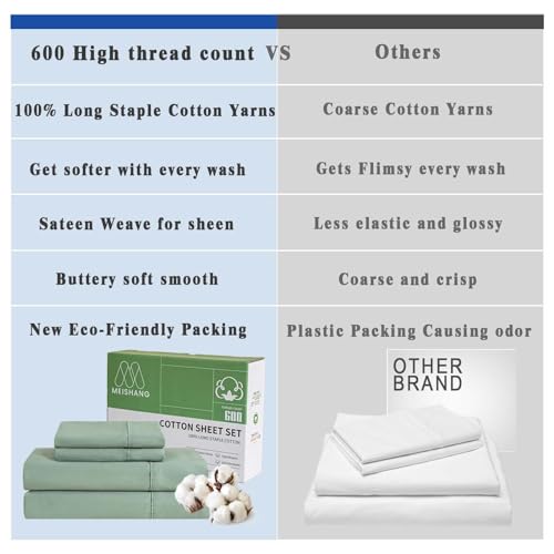 Cotton Sheets Queen Size - 600 Thread Count, Sateen Bed Sheets with Deep Pocket, 4 Piece Set X818898