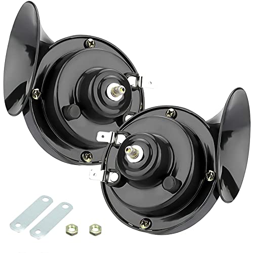 2 Pack 300DB Super Loud Train Horn, 12V Security Alarm Speaker, Car Waterproof Air Electric Snail Double Horn Replacement Kit, Fits for Most Cars Motorcycle, Truck, Bike (Black)
