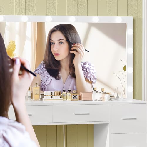Vanity Desk with Lighted Mirror, 7 Drawers, 3 Lighting Colors, White X572