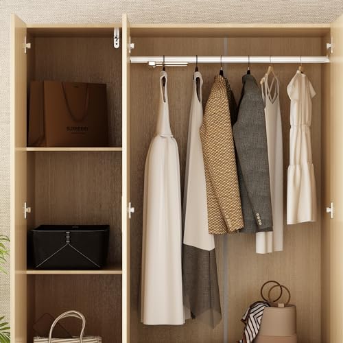 Modern Armoire Wardrobe Closet with 8 Doors and 2 Drawers, Light Brown Wood Grain E2835