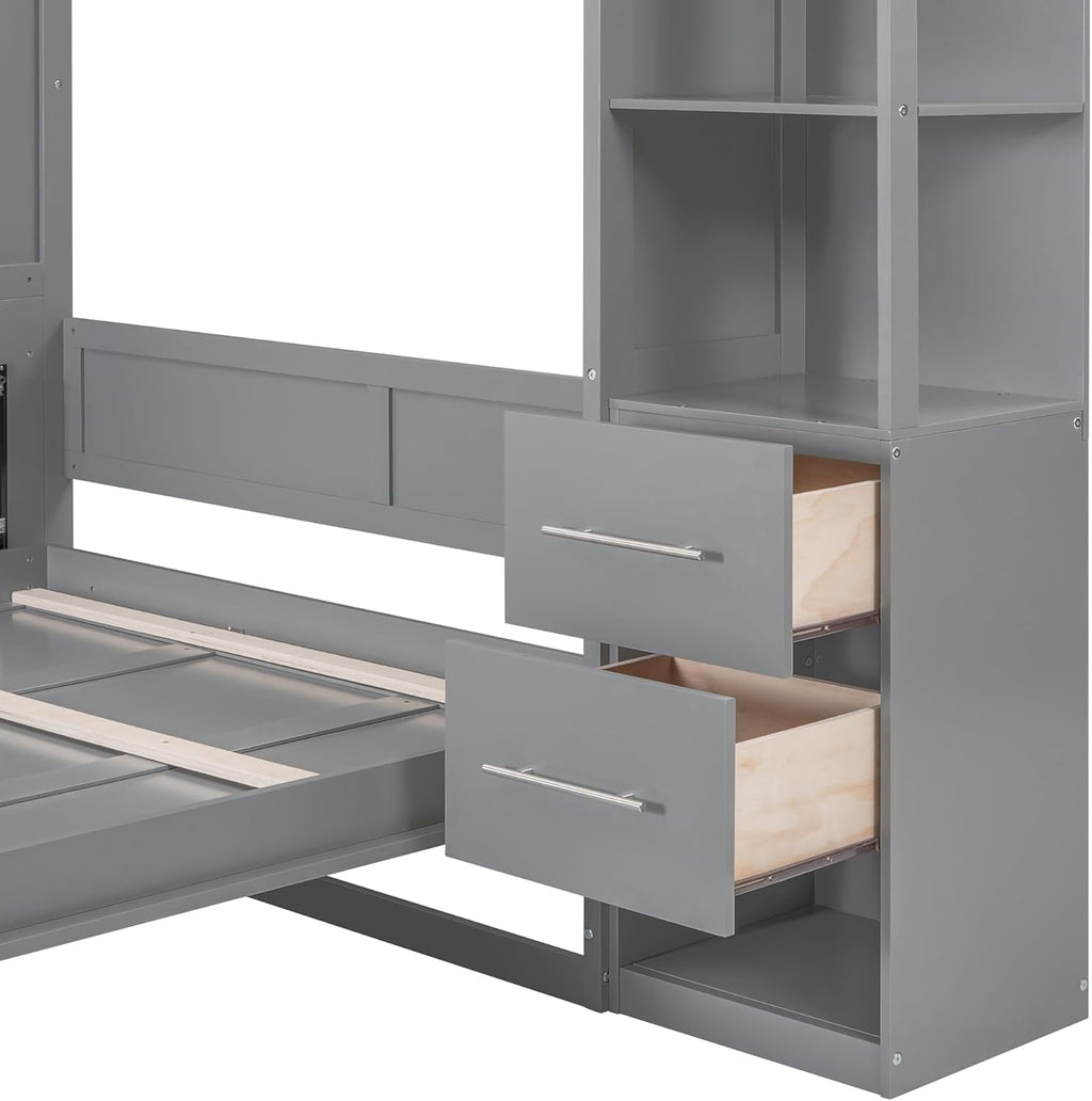 Queen Size Murphy Bed with Drawers and Storage Shelves X1054