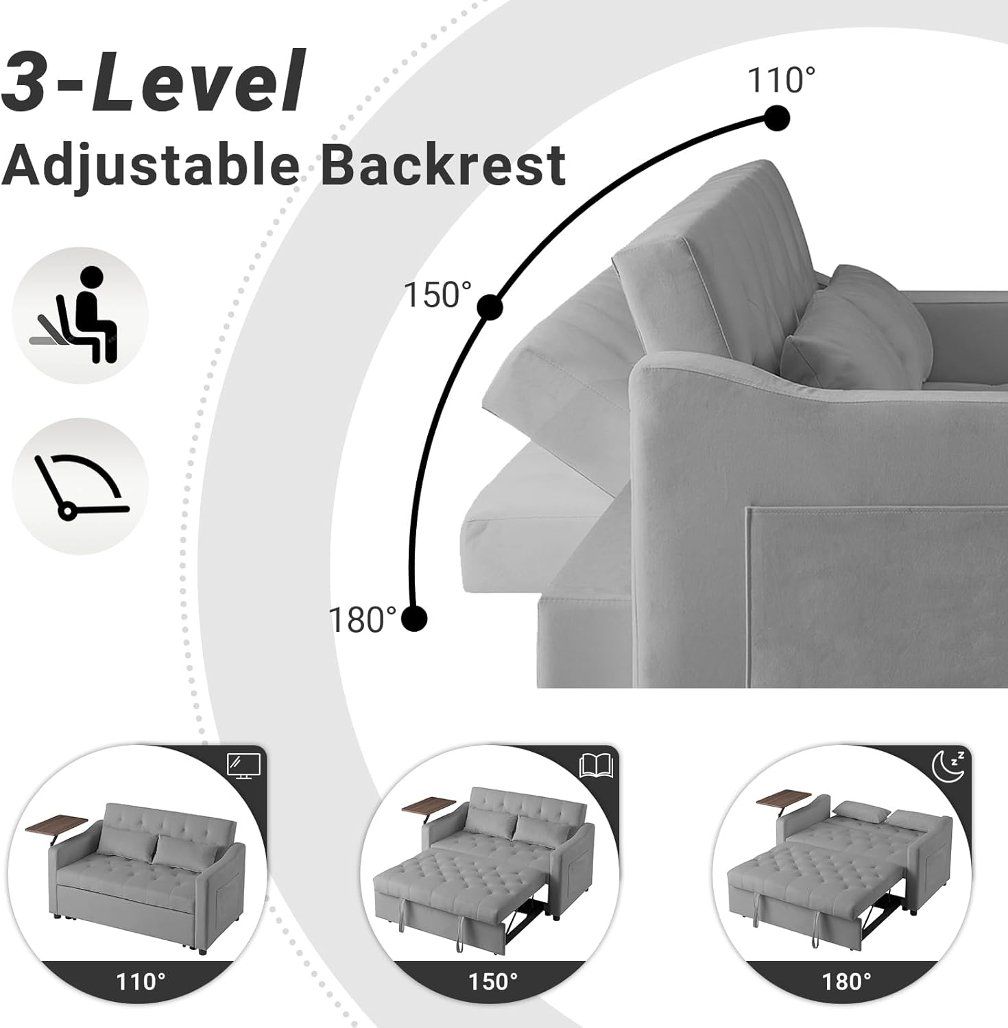 3-in-1 Convertible Sofa Bed with Adjustable Backrest and Storage, Gray V695
