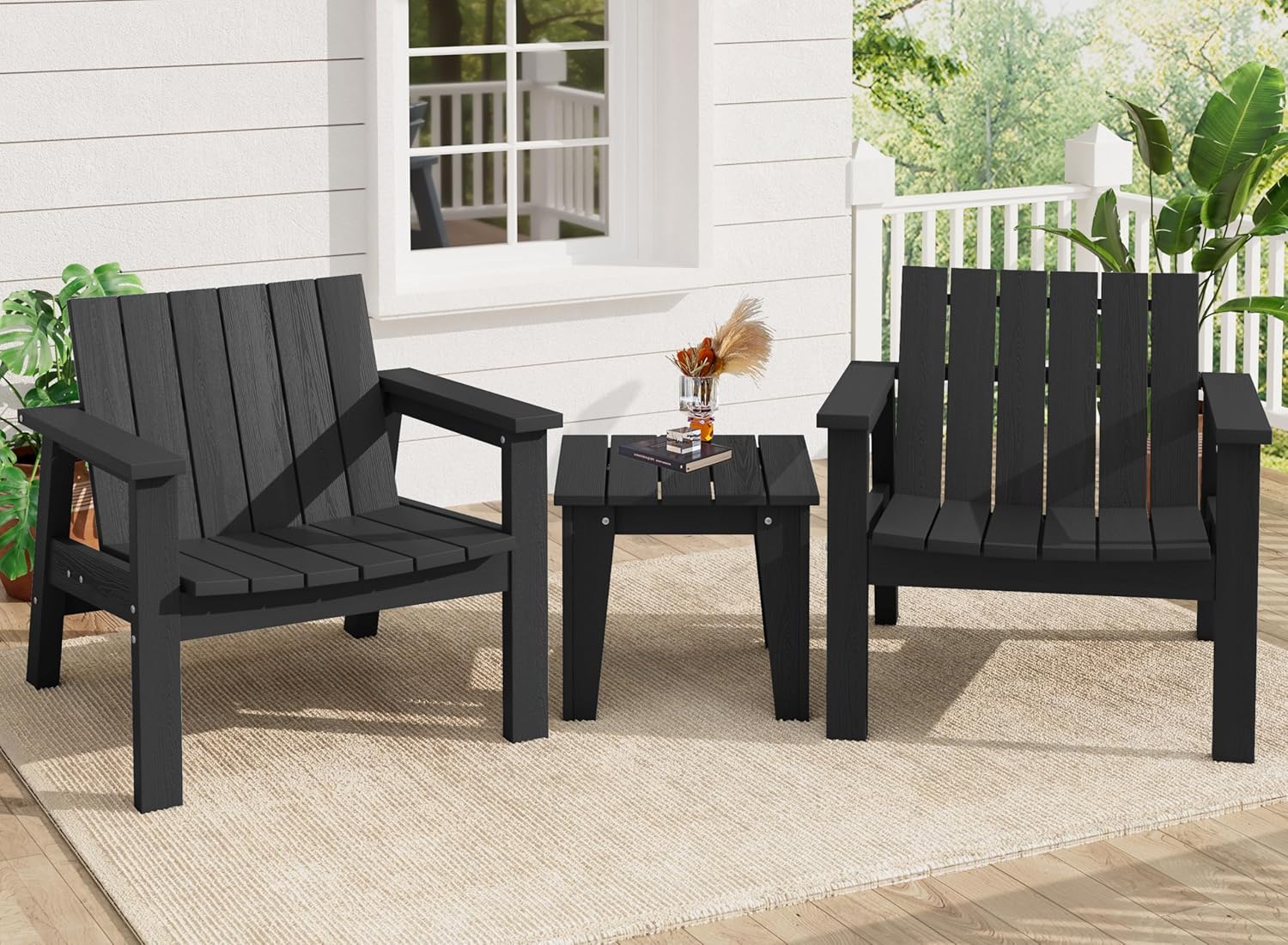 SERWALL 3 Piece Patio Bistro Set HDPE Adirondack Chair Sets with Side Table, includes Adirondack Chairs Set of 2 and 1 Adirondack Table for Patio, Lawn, Backyard- Black