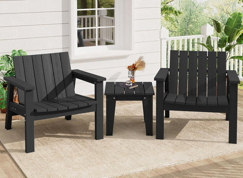 SERWALL 3 Piece Patio Bistro Set HDPE Adirondack Chair Sets with Side Table, includes Adirondack Chairs Set of 2 and 1 Adirondack Table for Patio, Lawn, Backyard- Black