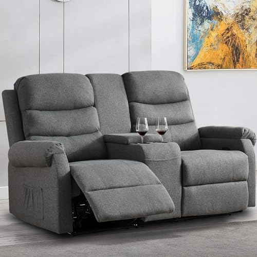 Reclining Loveseat, Manual Loveseat Recliner Sofa, RV Theater Seating with Storage Console, Double Wall Hugger Recliners 2 Seater with Cup Holders for Living Room (Grey)