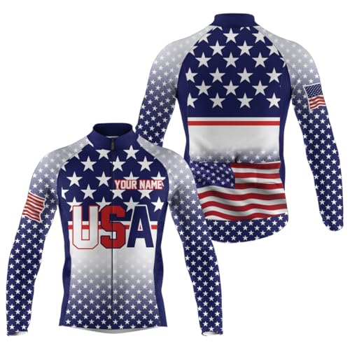 Customized USA Mens Cycling Jersey America Flag Cycle Gear with 3 Pockets Full Zip Racewear, Personalized Cycling Jersey
