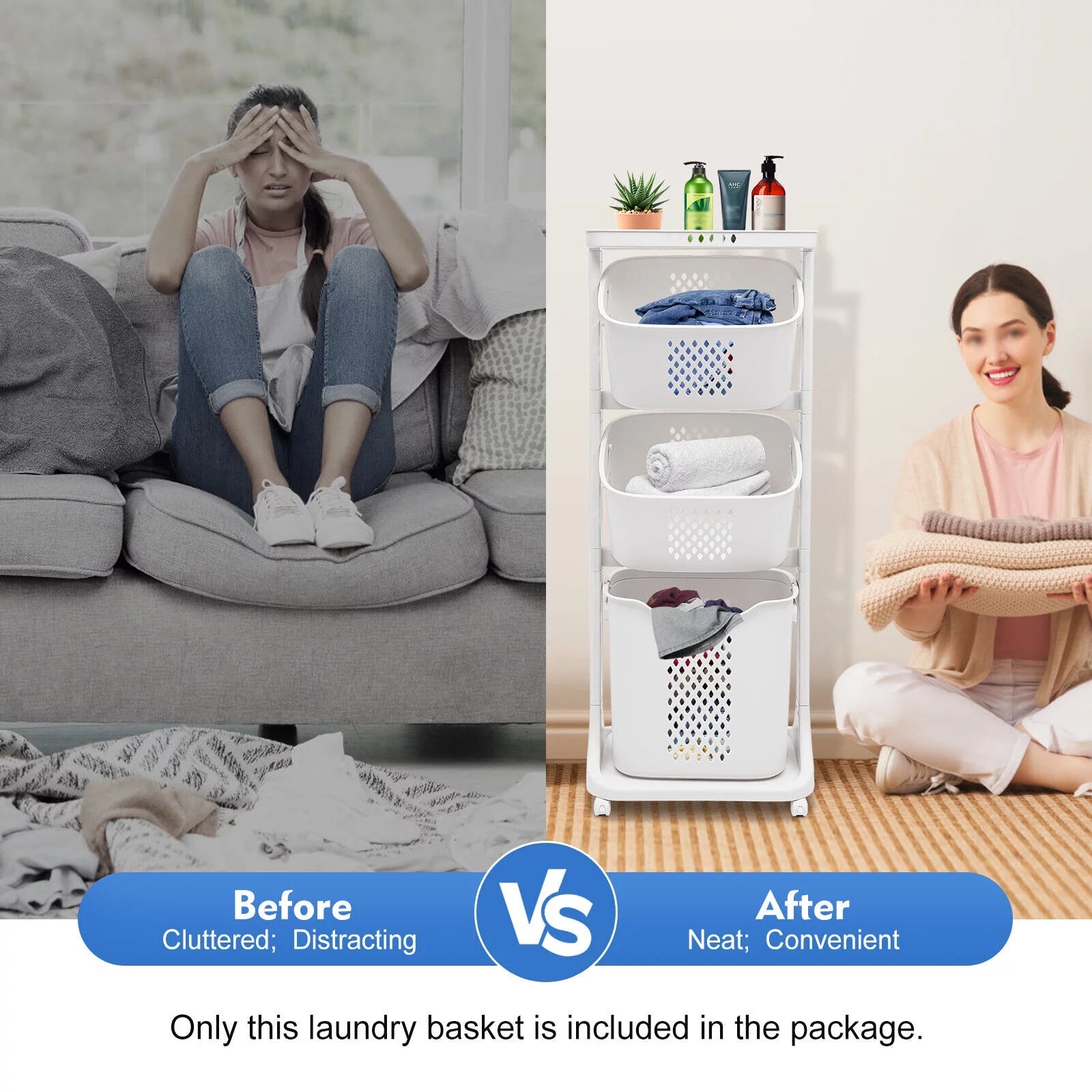 3-Tier Laundry Hamper Sorter with Rolling Cart Z172598