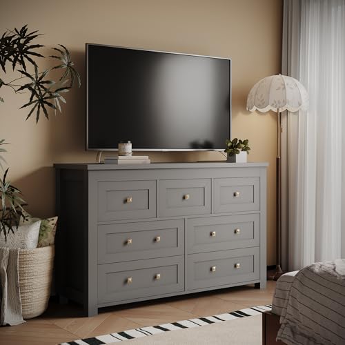 7 Drawer Dresser for Bedroom, Farmhouse Wood Chest with Metal Handle, Black E162