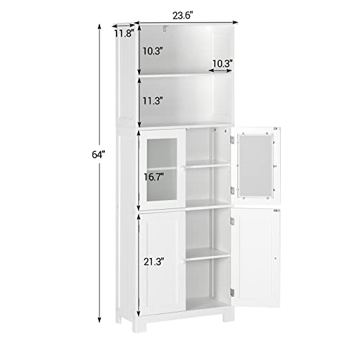 Tall Bathroom Storage Cabinet with 2 Open Compartments and 2 Door Cabinets, 64" Freestanding Linen Tower, White R339605
