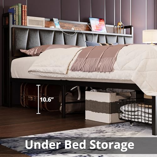 Full Size Bed Frame with Storage Headboard and Drawers, No Box Spring Needed C521