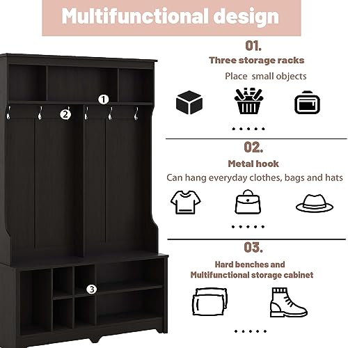 Hall Tree with Storage Bench, 60 Inch Wooden Mudroom Bench E902790