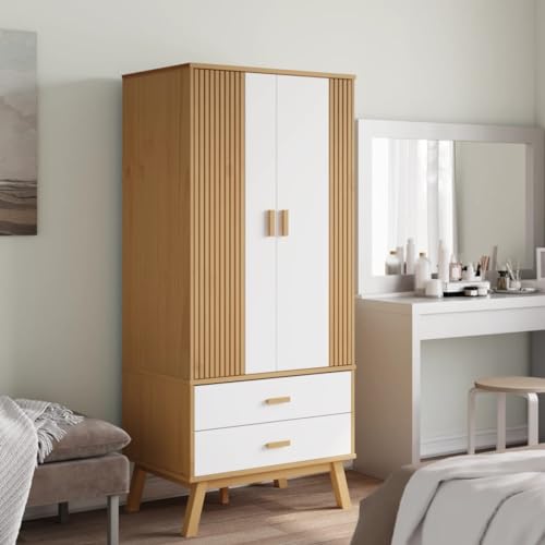 Solid Wood Wardrobe Armoire with 2 Drawers and Large Compartment Q35933