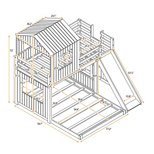 Twin Over Full Bunk Beds with Slide, Roof and Guard Rail, Wooden, White N48341