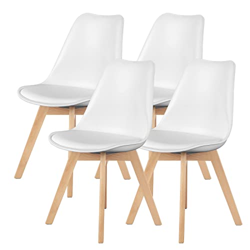 Sweetrcrispy Dining Chairs Set of 4, Kitchen Room PU Leather Mid Century Modern Chairs, Upholstered Dining Desk Chairs with Wood Legs for Home Office, White