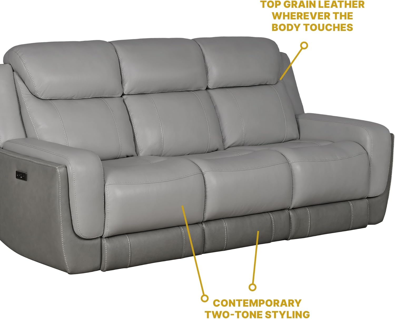 Modern Zero Gravity Power Reclining Sofa with Dropdown Console, 87" Wide, Silver and Gray Leather H4266