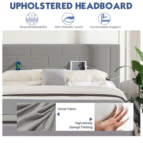Queen Size Bed Frame with 4 Storage Drawers, Upholstered Platform Bed with Velvet Headboard and Charging Station, Beige P5623