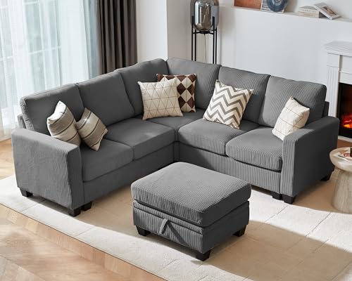 Modular Sectional Couch| Corduroy L Shaped Sleeper Sofa, 10 Seat U-Shape Sofa Bed Convertible Chaise with Storage Ottoman for Living Room Modern Furniture