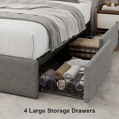 Full Size Upholstered Bed Frame with 4 Storage Drawers and Wingback Headboard I4360
