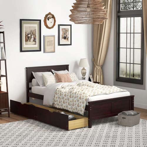 Twin Size Bed Frame with 2 Drawers and Solid Wood Headboard T9379