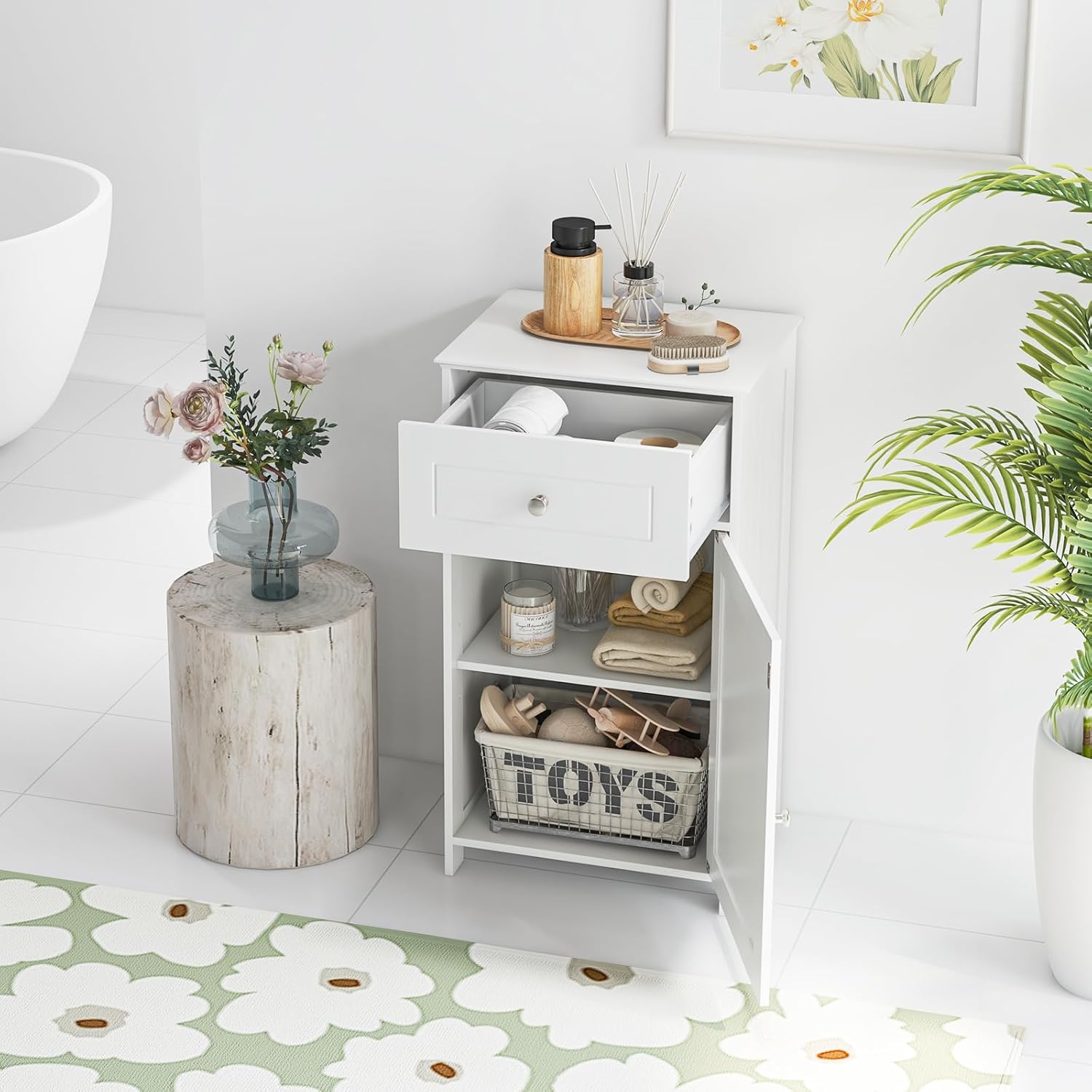 Narrow Bathroom Storage Cabinet, Wooden Freestanding with Drawer, 3-Level Adjustable Shelf H2991