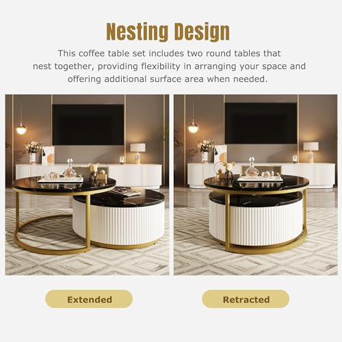 Round Nesting Coffee Table with Drawer, White & Gold N86769