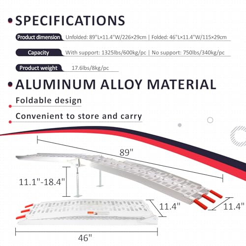 Truck Loading Ramps with Support Legs, 7.5FT Aluminum Folding Ramps, 2650lbs Max Loading, 2Pcs E6452