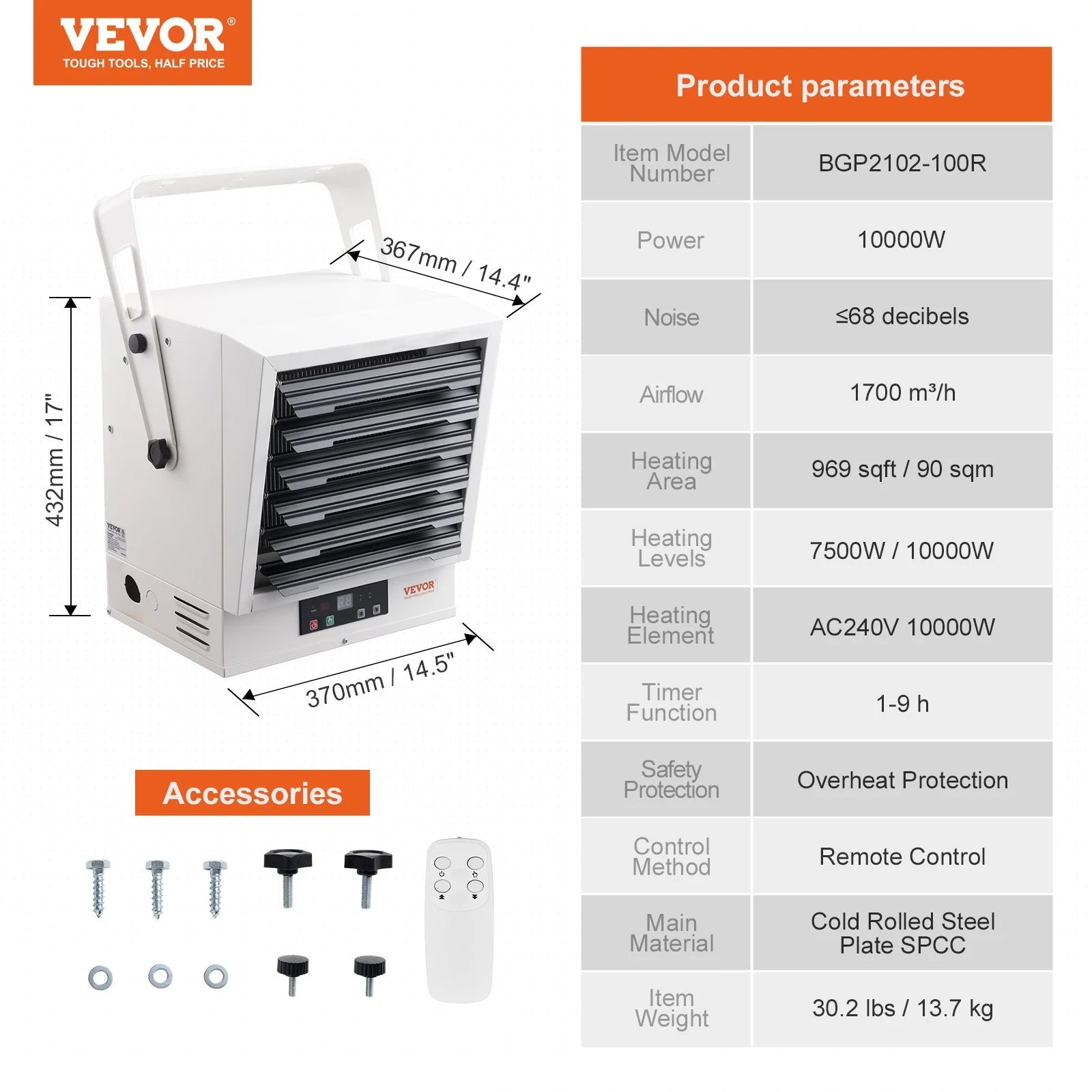 Electric Garage Heater, 10000-Watt Fan-Forced Wall/Ceiling Mount with Remote Control N56978