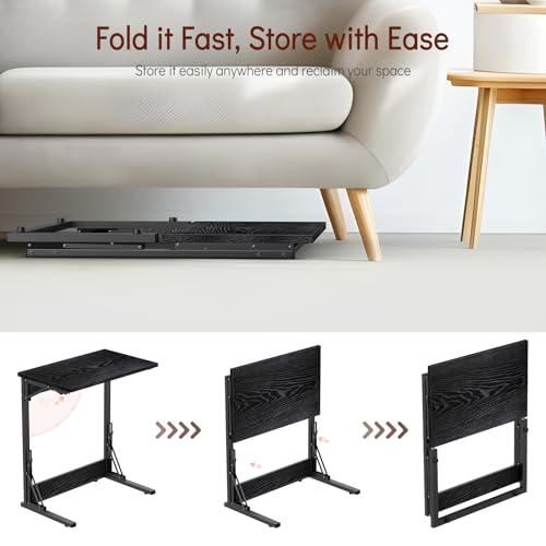 Folding C Shaped End Table for Sofa, Laptop Desk, TV Tray, Dark Black B7070