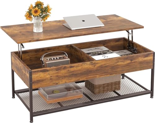 Lift Top Coffee Table - 43 Inch Wooden Coffee Table with Lifting Top, Adjustable Shelf and Hidden Storage, Vintage Wood Lift Up Tabletop Coffee Table for Living Room, Office Reception, Rustic Brown