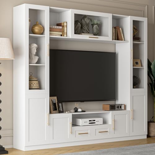 Entertainment Wall Unit for Living Room with Storage Bridge, Modern TV Stand with Glass Doors & Shelves, TV Media Console Table for TVs Up to 70", Entertainment Center with Bookshelves White