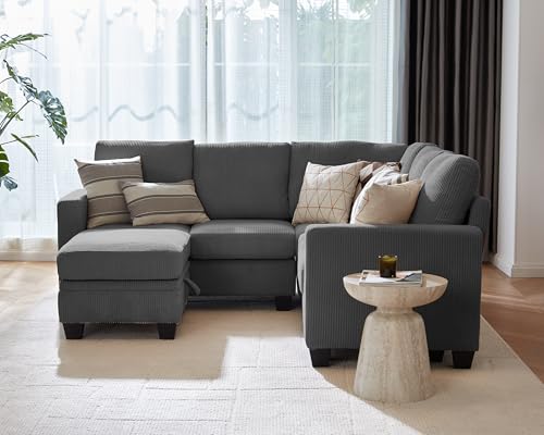 Modular Sectional Couch, Corduroy L Shaped Sleeper Sofa with Storage Ottoman W472