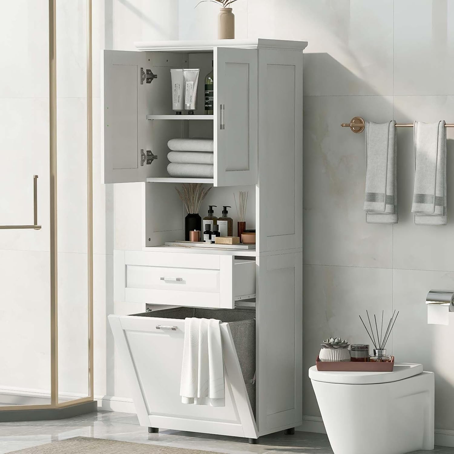 70" Tall Tilt Out Laundry Hamper Cabinet, Freestanding Bathroom Storage Cabinet with 2 Doors and Open Storage Space Floor Pantry Cabinet with Adjustable Shelf for Living Room, Laundry Room