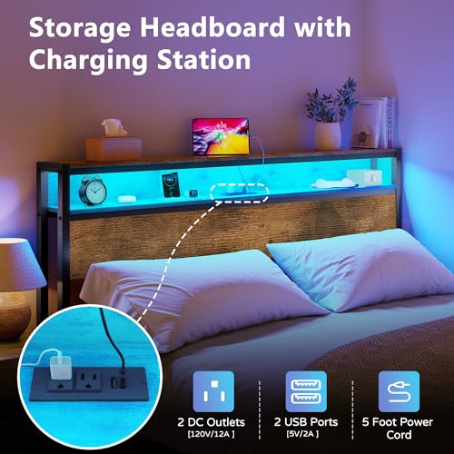 Vintage Brown Bed Frame with LED Light and Charging Station H930800