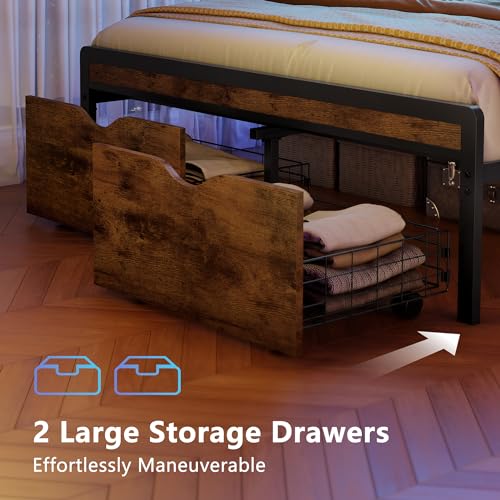 Vintage Brown Bed Frame with LED Light and Charging Station H930800